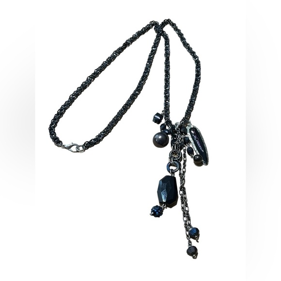 Long Statement Necklace with Dangle Fringe Detail Black Purple Feather - Picture 7 of 10